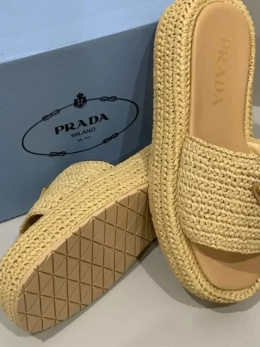 Prada Beige Woven Raffia Slide Sandals